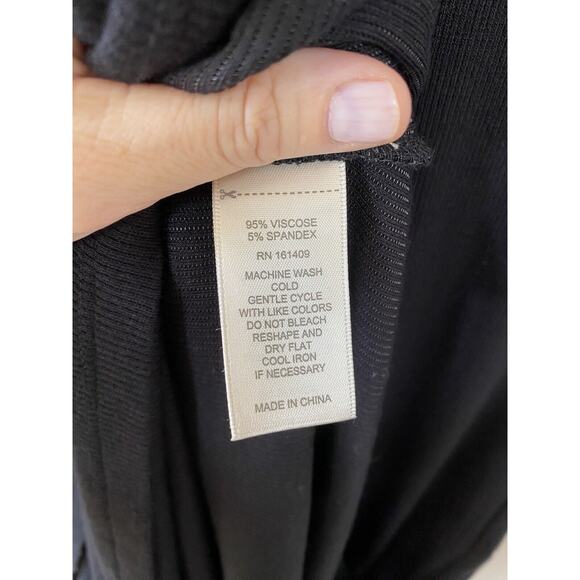 Greige Ribbed Minimalist Black Sleeveless Midi Dress Raw Edge Diagonal Hem LARGE - Picture 11 of 12